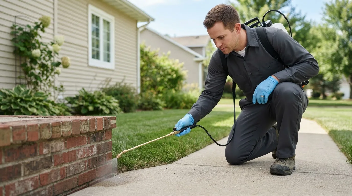 Pest control technician treating a home near Mankato, MN